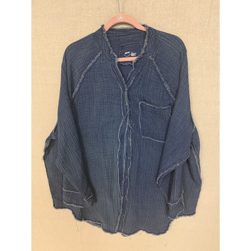 Aerie Womens Large Blue Double Gauze Cotton Raw Hem Button Front Shirt Oversized